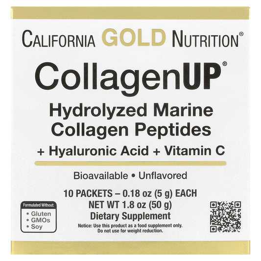 California Gold Nutrition, CollagenUP®, Hydrolyzed Marine Collagen Peptides with Hyaluronic Acid and Vitamin C, Unflavored, 10 Packets, 0.18 oz (5 g) Each