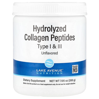 Lake Avenue Nutrition, Hydrolyzed Collagen Peptides, Type I & III, Unflavored, 7.05 oz (200 g)