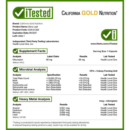 California Gold Nutrition, EuroHerbs, Olive Leaf Extract, Euromed Quality, 500 mg, 180 Veggie Capsules