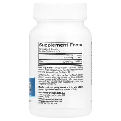 Lake Avenue Nutrition, Biotin, 10,000 mcg, 30 Veggie Capsules