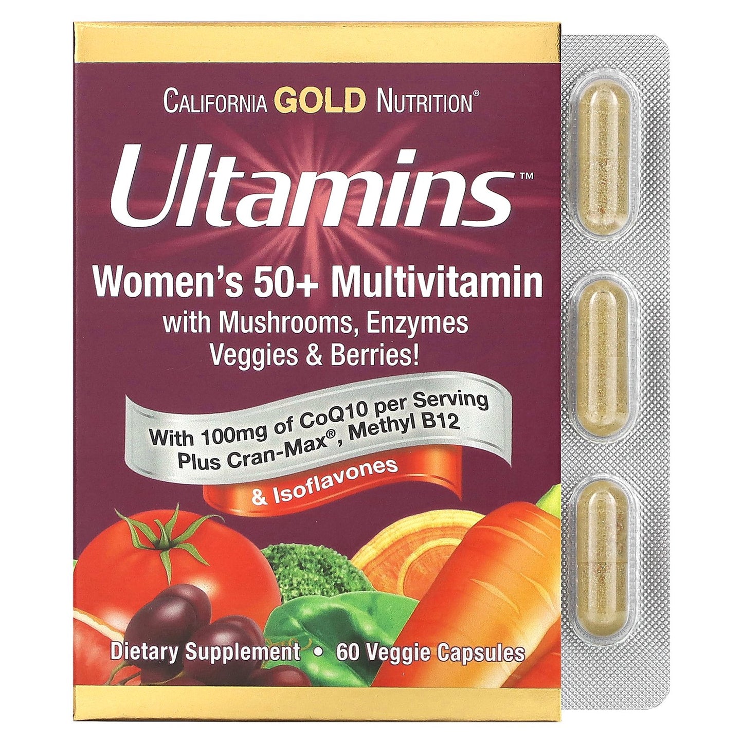 California Gold Nutrition, Ultamins Women's 50+ Multivitamin with CoQ10, Mushrooms, Enzymes, Veggies & Berries, 60 Veggie Capsules