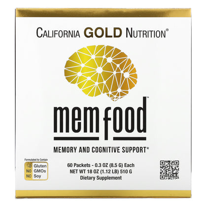 California Gold Nutrition, MEM Food, Memory & Cognitive Support with MEM Blend, L-Serine, Organic Lion's Mane and Blueberry Juice Powder, 60 Packets, 0.3 oz (8.5 g) Each