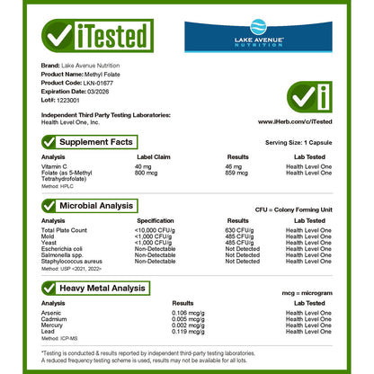 Lake Avenue Nutrition, Methyl Folate, 800 mcg, 120 Veggie Capsules