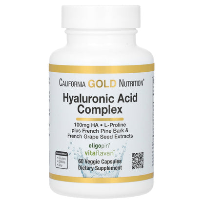 California Gold Nutrition, Hyaluronic Acid Complex with L-Proline, French Grape Seed and French Maritime Pine Bark Extract, 60 Veggie Capsules