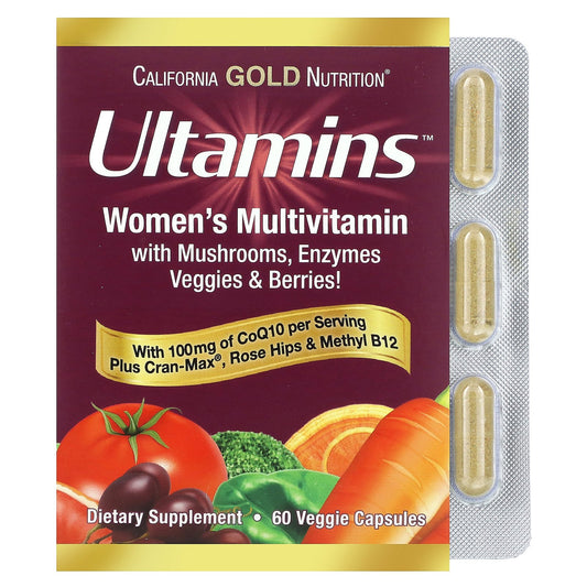 California Gold Nutrition, Ultamins Women's Multivitamin with CoQ10, Mushrooms, Enzymes, Veggies & Berries, 60 Veggie Capsules