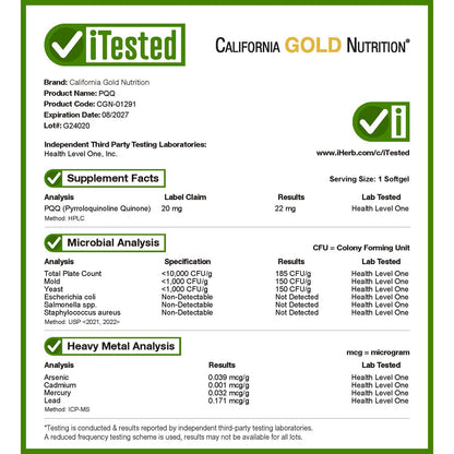 California Gold Nutrition, PQQ, 20 mg, 30 Veggie Softgels