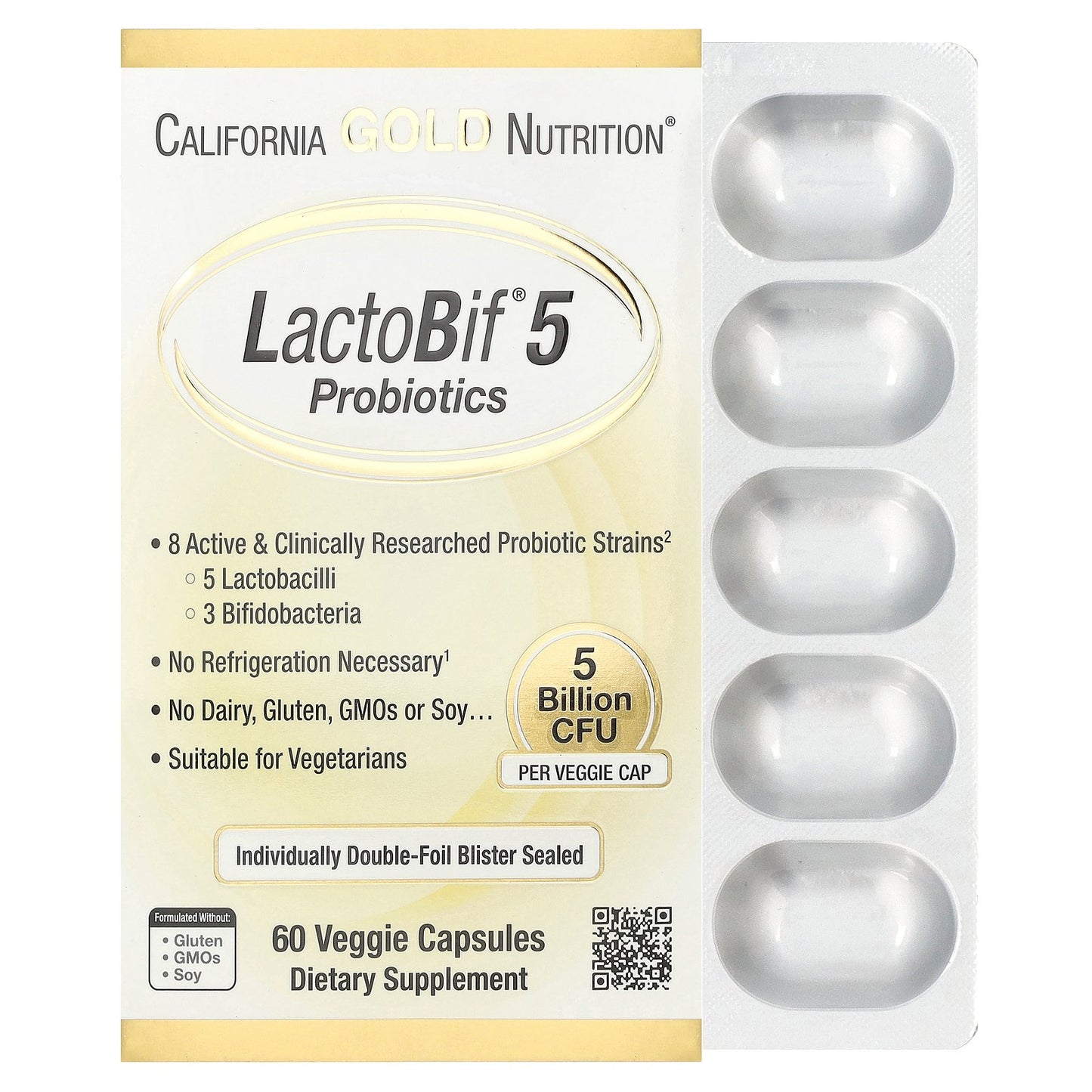 California Gold Nutrition, LactoBif® 5 Probiotics with 5 Lactobacilli and 3 Bifidobacteria, 5 Billion CFU, 60 Veggie Capsules