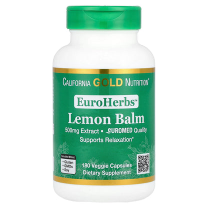 California Gold Nutrition, EuroHerbs™, Lemon Balm Extract, Euromed Quality, 500 mg, 180 Veggie Capsules