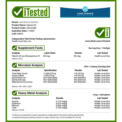 Lake Avenue Nutrition, Vitamin K2 (as Menaquinone-7), 50 mcg, 120 Veggie Softgels