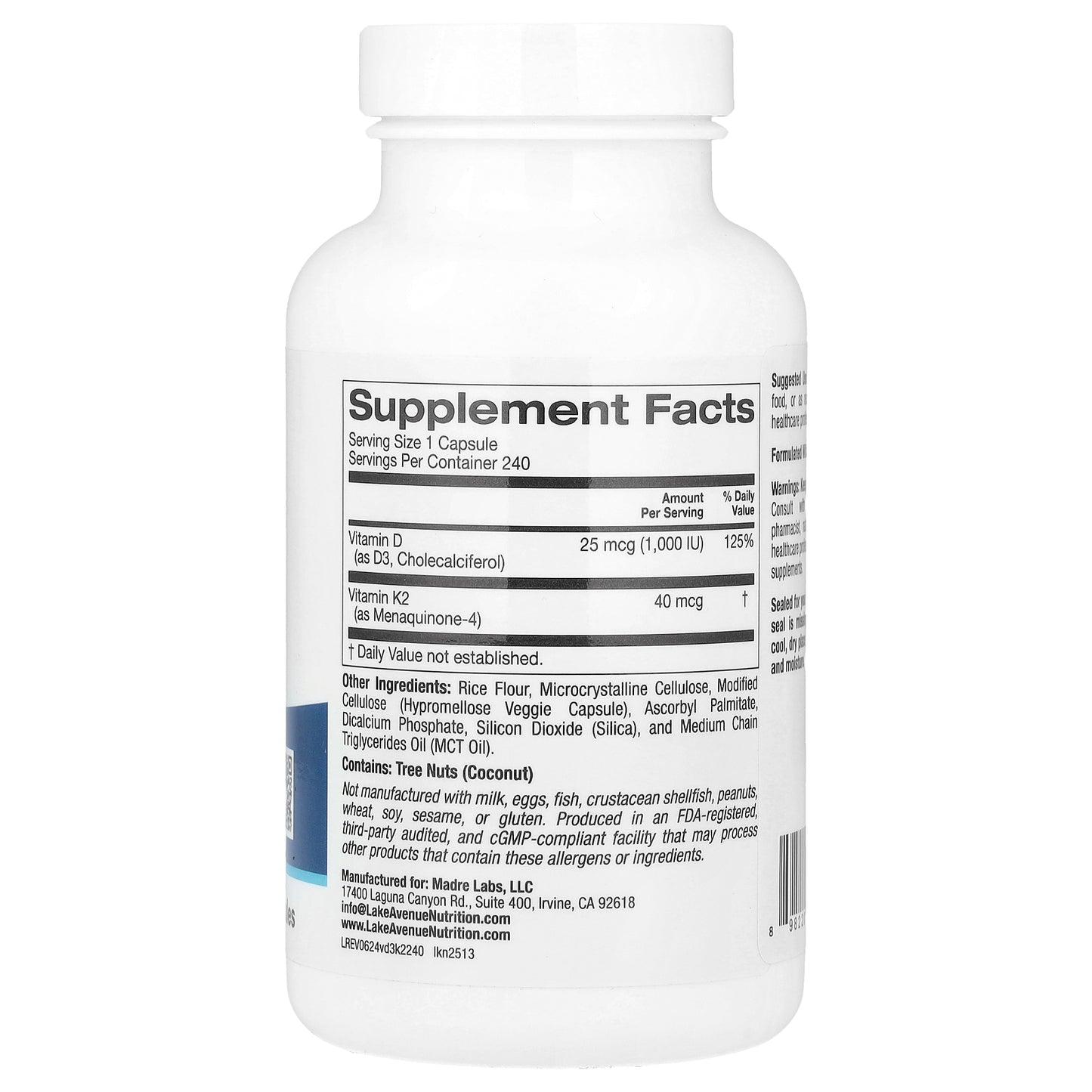 Lake Avenue Nutrition, Vitamin D3 + K2, 240 Veggie Capsules