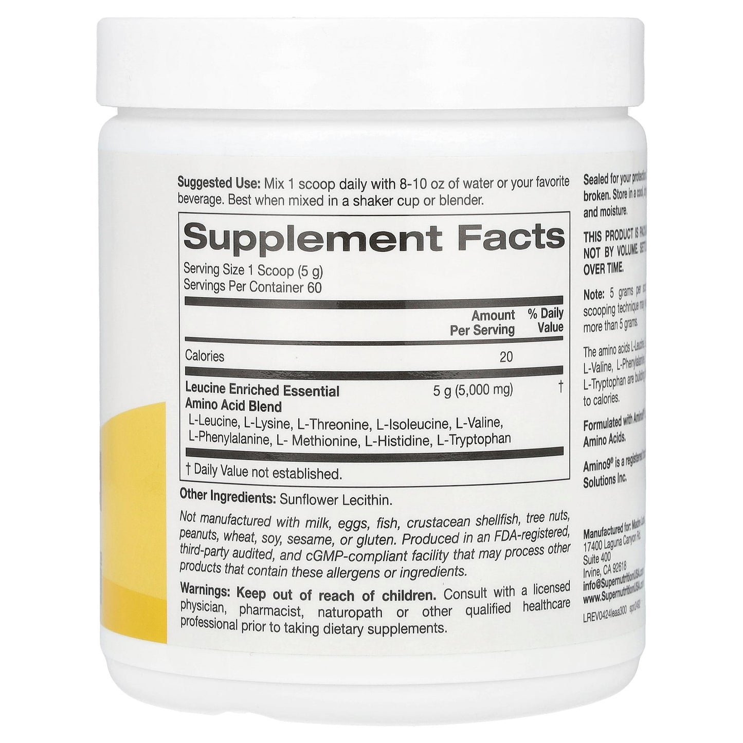 Super Nutrition, Leucine Enriched Essential Amino Acids, Unflavored , 10.58 oz (300 g)