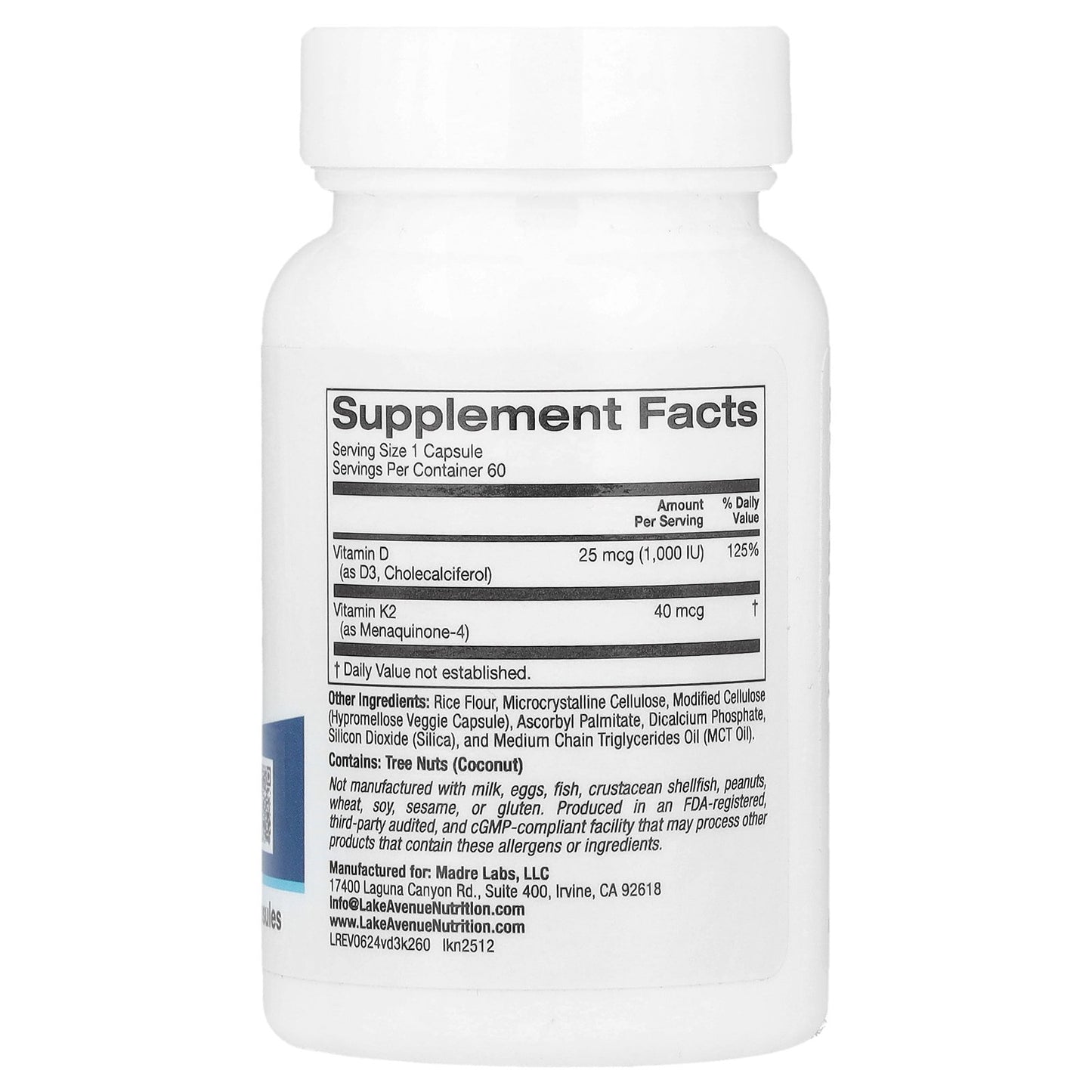 Lake Avenue Nutrition, Vitamin D3 + K2, 60 Veggie Capsules