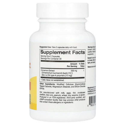 Super Nutrition, Cinnamon Extract, 500 mg, 60 Veggie Capsules (250 mg Per Capsule)