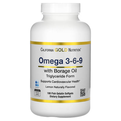 California Gold Nutrition, Omega 3-6-9s, with Omega-3 Fish Oil and Borage Seed Oil, EPA, DHA, GLA, and Linoleic Acid, Natural Lemon, 180 Softgels