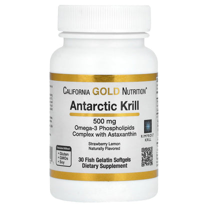 California Gold Nutrition, Antarctic Krill Oil, Omega-3 Phospholipids Complex with EPA, DHA, and Astaxanthin, Natural Strawberry and Lemon, 500 mg, 30 Fish Gelatin Softgels