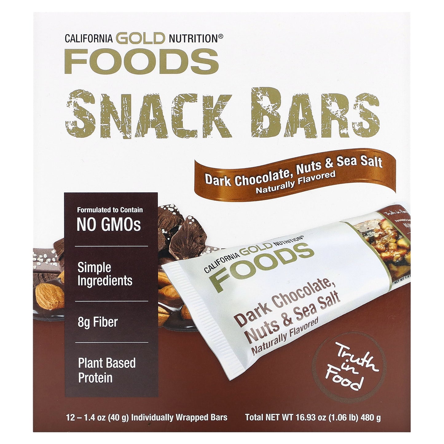 California Gold Nutrition, Foods, Dark Chocolate, Nuts, & Sea Salt Snack Bars, 12 Bars, 1.4 oz (40 g) Each