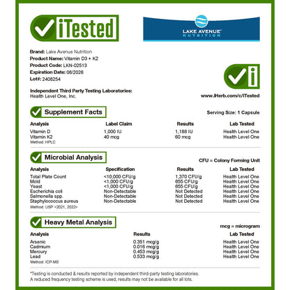 Lake Avenue Nutrition, Vitamin D3 + K2, 240 Veggie Capsules