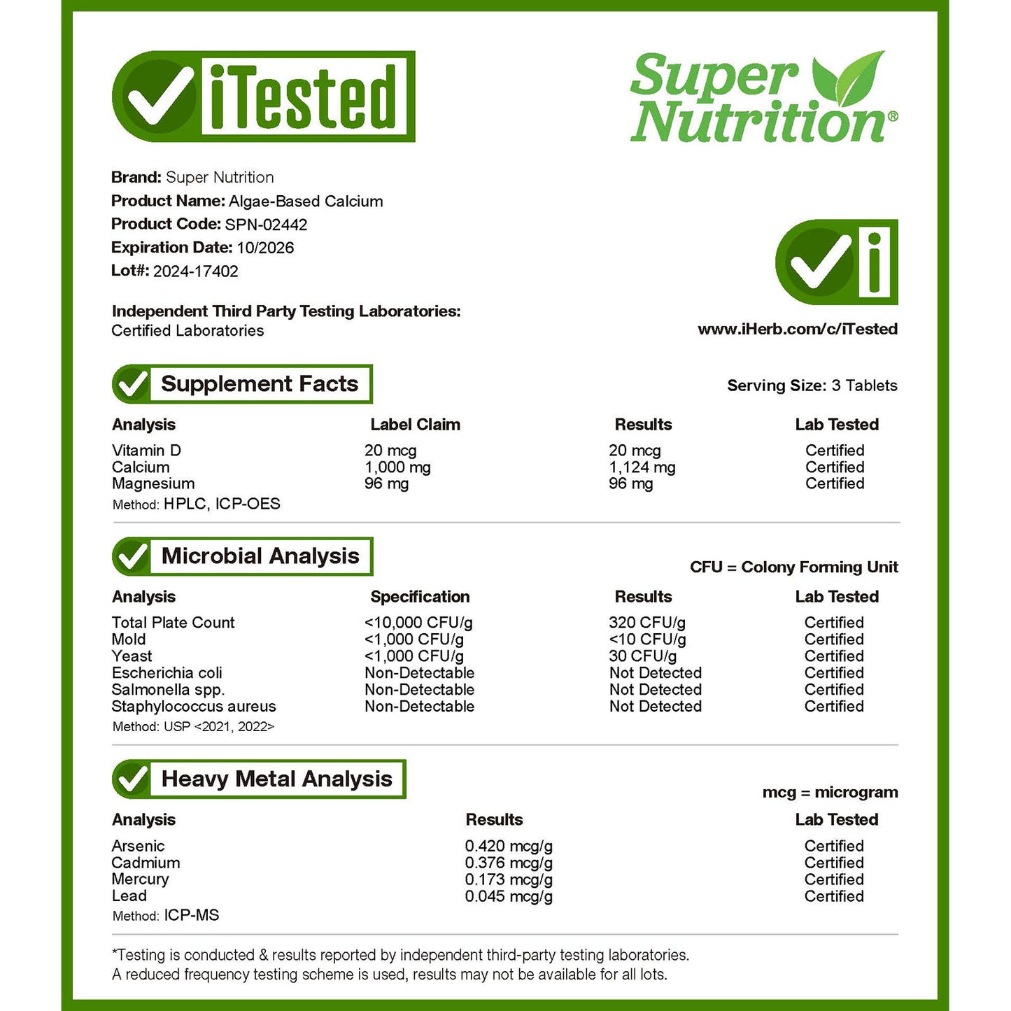 Super Nutrition, Algae-Based Calcium, 180 Tablets