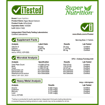 Super Nutrition, Algae-Based Calcium, 180 Tablets