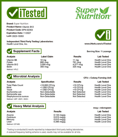 Super Nutrition, Vitamin B12, Cherry, 3,000 mcg, 100 Lozenges