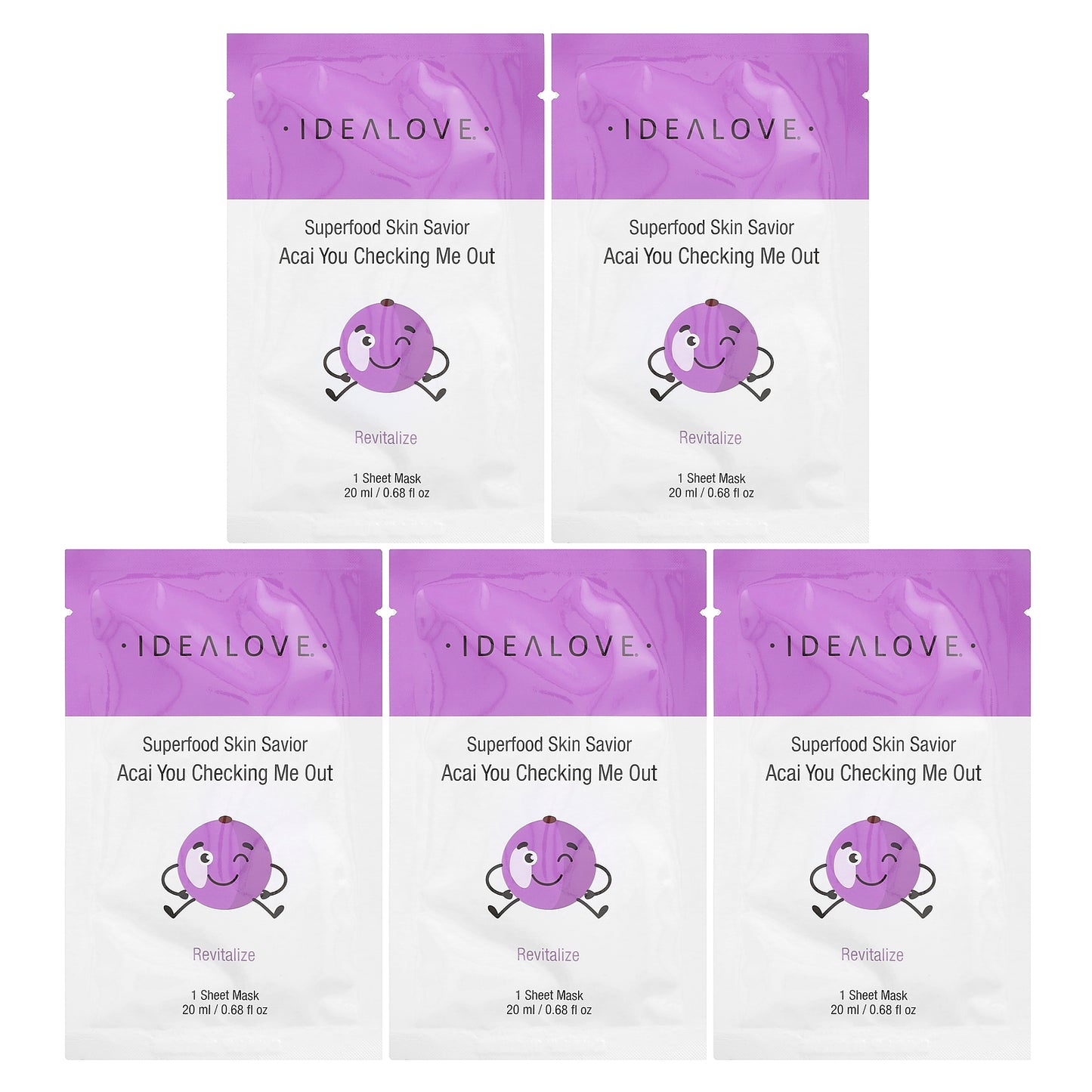 Idealove, Superfood Skin Savior, Acai You Checking Me Out, 5 Beauty Sheet Masks, 0.68 fl oz (20 ml) Each