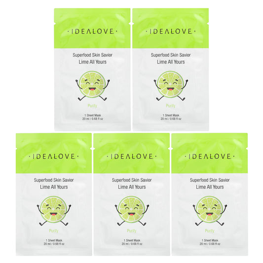 Idealove, Superfood Skin Savior, Lime All Yours, 5 Beauty Sheet Masks, 0.68 fl oz (20 ml) Each