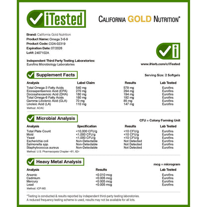 California Gold Nutrition, Omega 3-6-9s, with Omega-3 Fish Oil and Borage Seed Oil, EPA, DHA, GLA, and Linoleic Acid, Natural Lemon, 180 Softgels