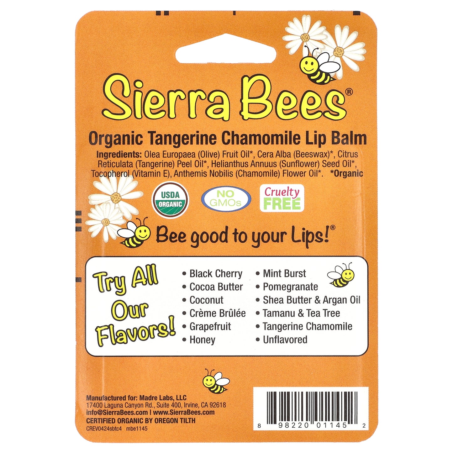 Sierra Bees, Organic Lip Balms, Tangerine Chamomile, 4 Pack, 0.15 oz (4.25 g) Each