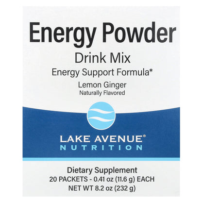 Lake Avenue Nutrition, Energy Powder Drink Mix, Lemon Ginger, 20 Packets, 0.41 oz (11.6 g) Each