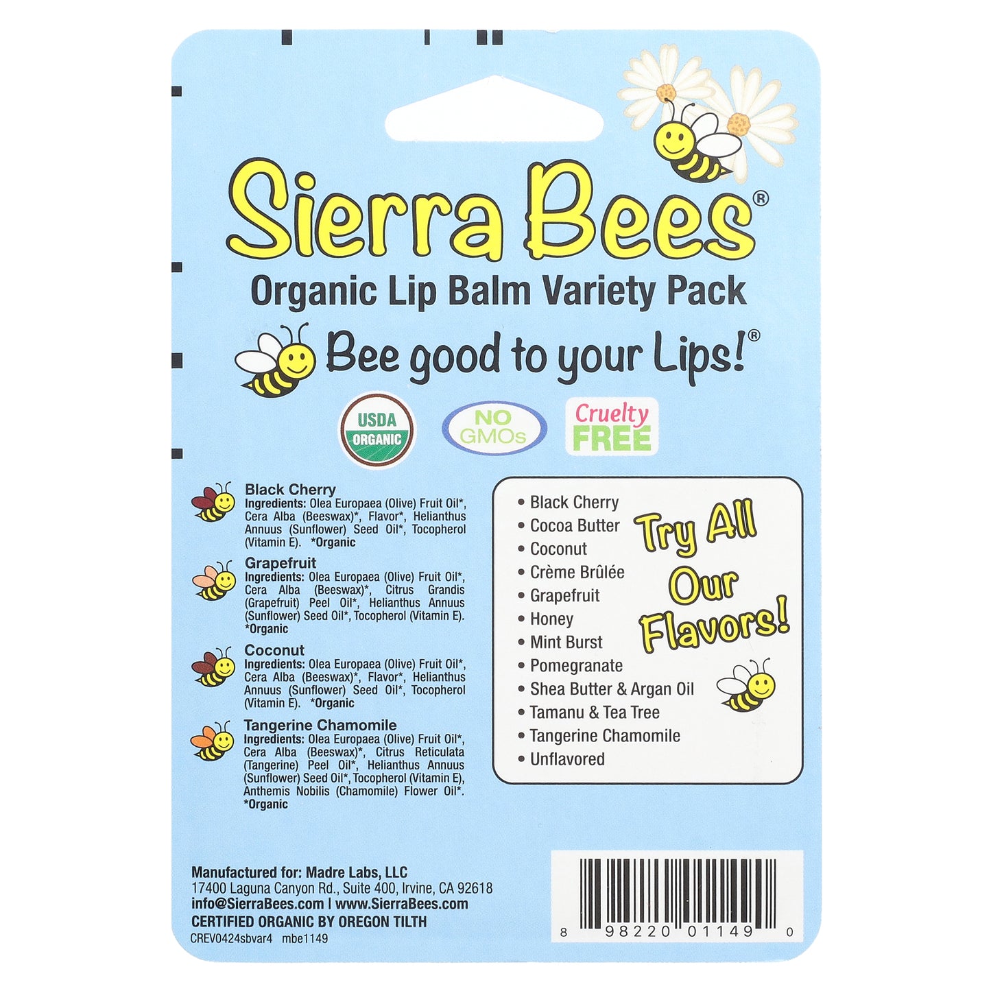 Sierra Bees, Organic Lip Balm Variety Pack, 4 Pack, 0.15 oz (4.25 g) Each