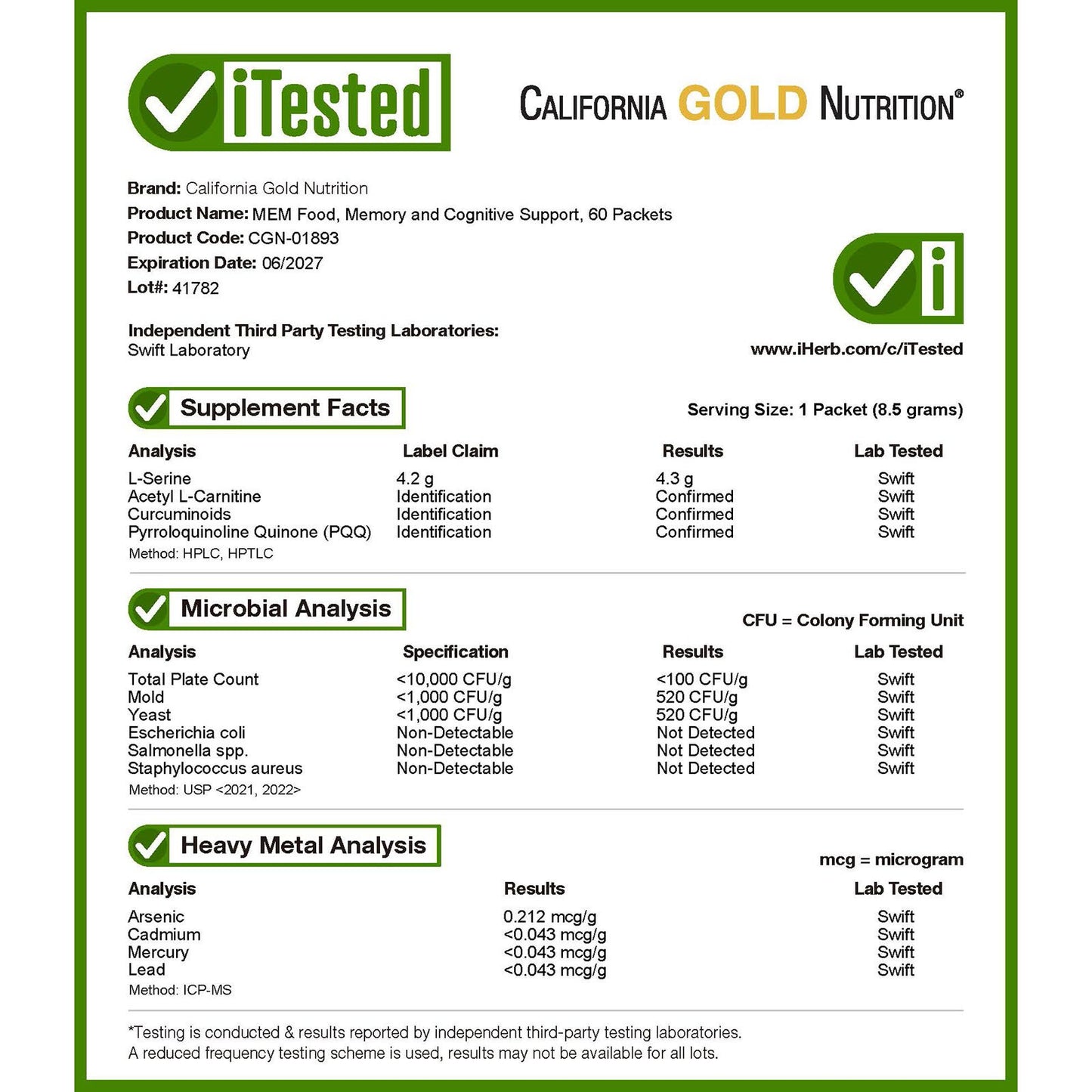 California Gold Nutrition, MEM Food, Memory & Cognitive Support, 60 Packets, 0.3 oz (8.5 g) Each