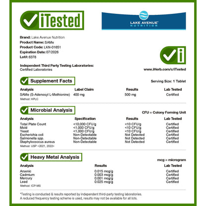 Lake Avenue Nutrition, SAMe ( Disulfate Tosylate), 400 mg, 60 Enteric Coated Tablets