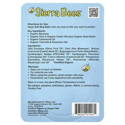 Sierra Bees, Anti-Bug Balm, Cedarwood, Geranium & Rosemary Oil, 0.6 oz (17 g)