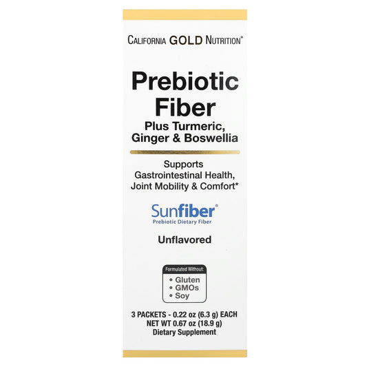 California Gold Nutrition, Prebiotic Fiber Plus Turmeric Extract, Organic Ginger Extract and Boswellia Extract , 3 Packets, 0.22 oz (6.3 g) Each