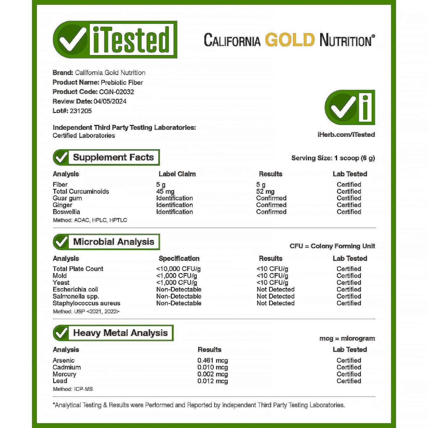 California Gold Nutrition, Prebiotic Fiber Plus Turmeric Extract, Organic Ginger Extract and Boswellia Extract , 6.7 oz (189 g)