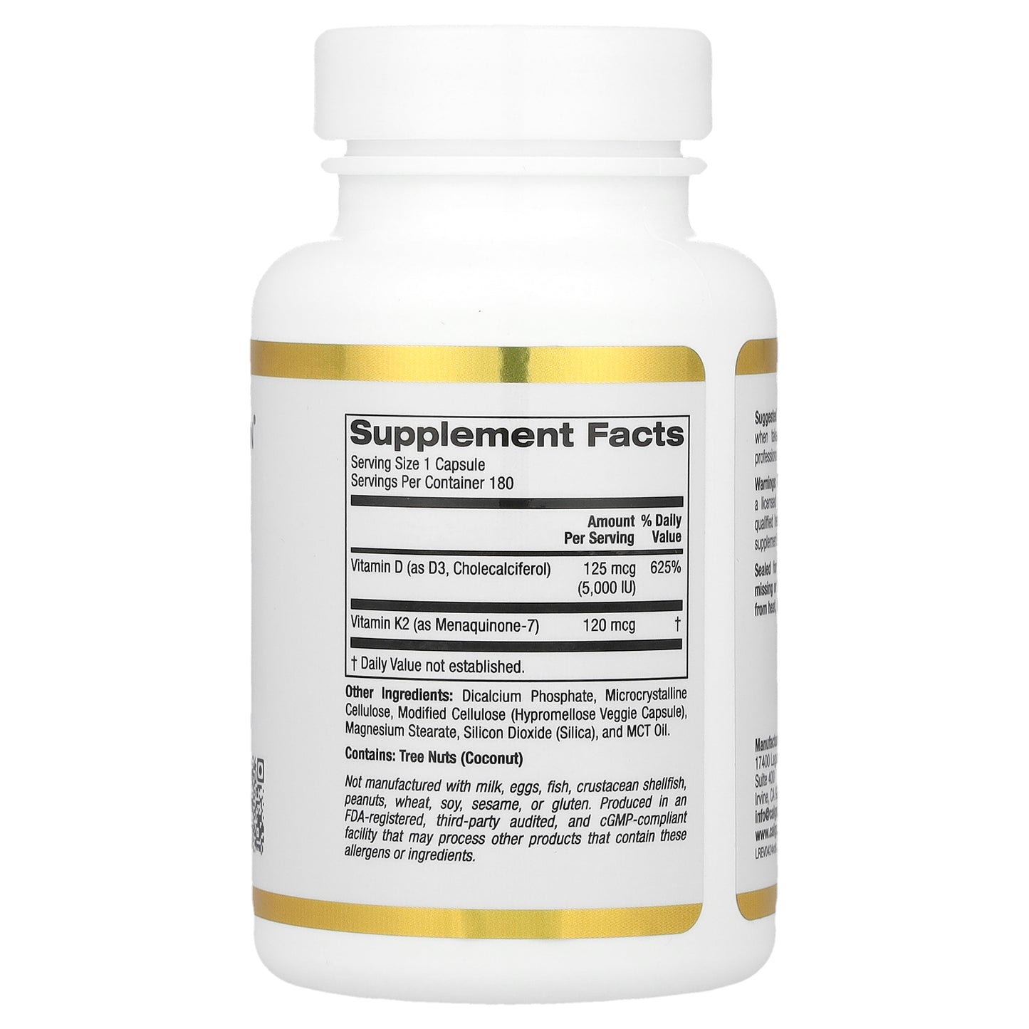 California Gold Nutrition, Vitamin D3 + K2, 180 Veggie Capsules