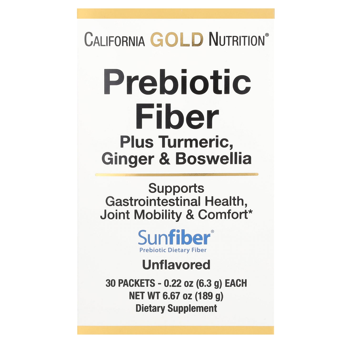 California Gold Nutrition, Prebiotic Fiber Plus Turmeric Extract, Organic Ginger Extract and Boswellia Extract , 30 Packets, 0.22 oz (6.3 g) Each