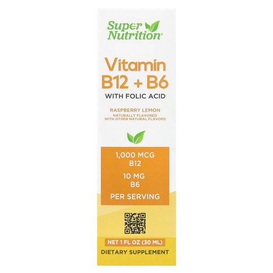 Super Nutrition, Vitamin B12 + B6 with Folic Acid, Raspberry Lemon , 1 fl oz (30 ml)