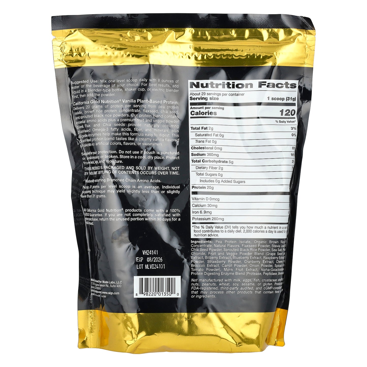 California Gold Nutrition, Sport, Vegan Protein with Pea Isolate and Brown Rice, Vanilla, 2 lb (907 g)