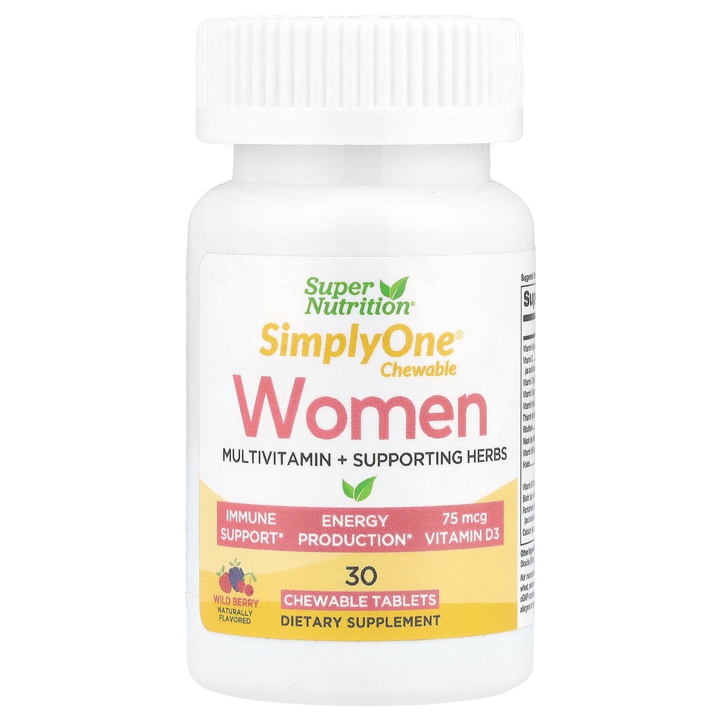 Super Nutrition, SimplyOne®, Women, Multivitamin + Supporting Herbs, Wild-Berry, 30 Chewables