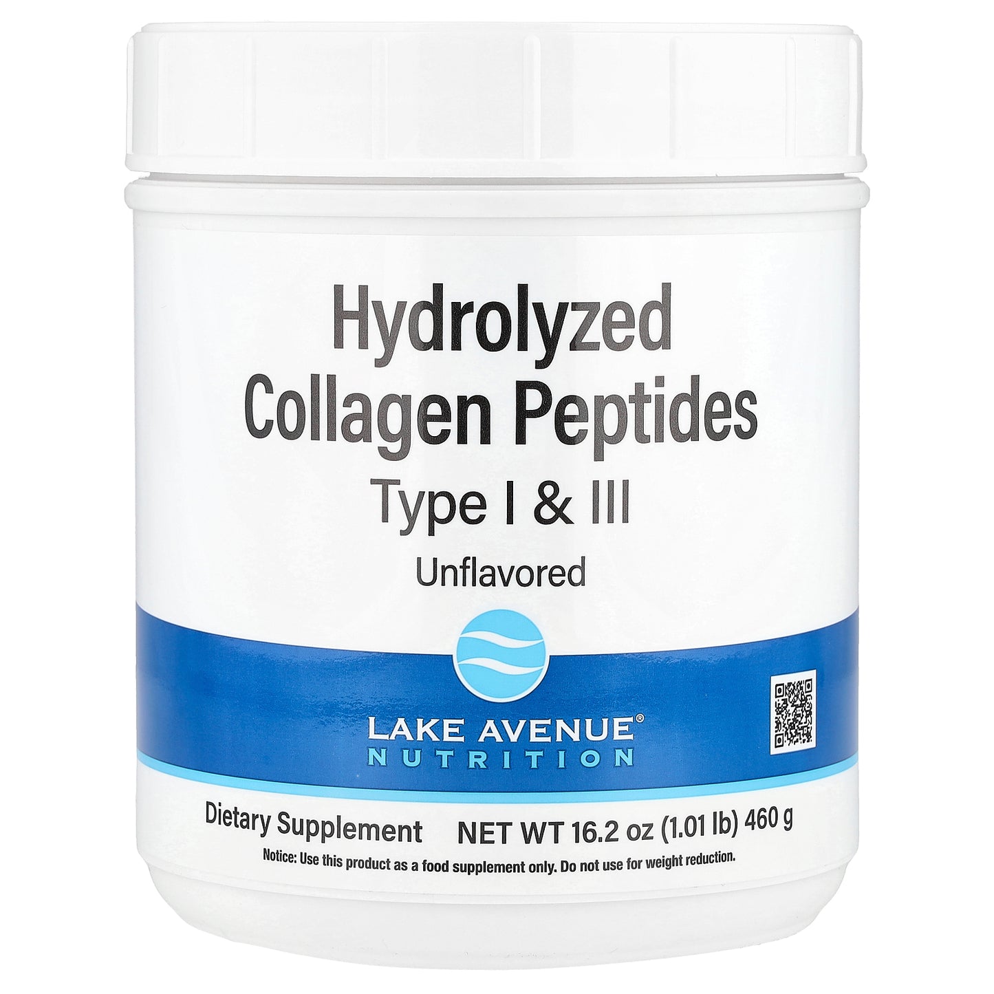 Lake Avenue Nutrition, Hydrolyzed Collagen Peptides, Type I & III, Unflavored, 1.01 lb (460 g)