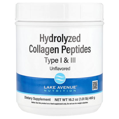 Lake Avenue Nutrition, Hydrolyzed Collagen Peptides, Type I & III, Unflavored, 1.01 lb (460 g)