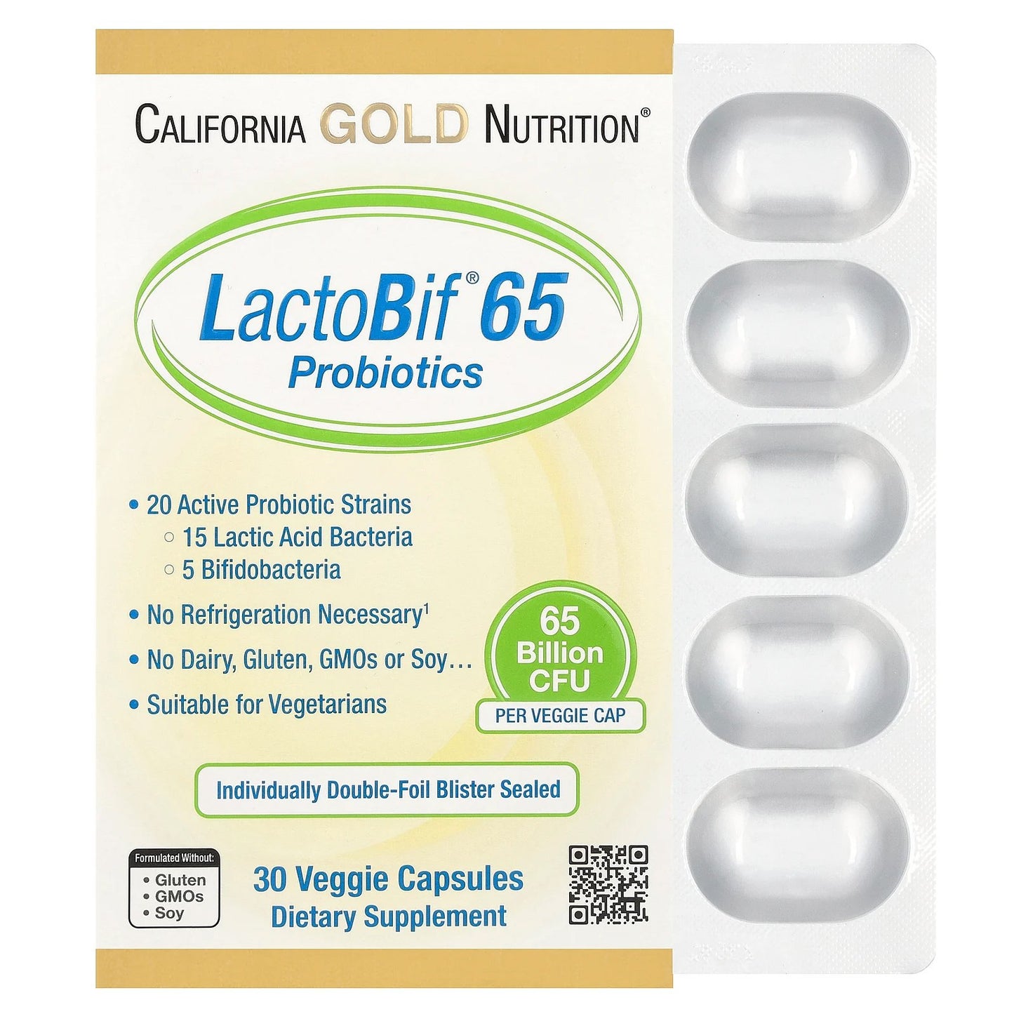 California Gold Nutrition, LactoBif® 65 Probiotics, 65 Billion CFU, 30 Veggie Capsules